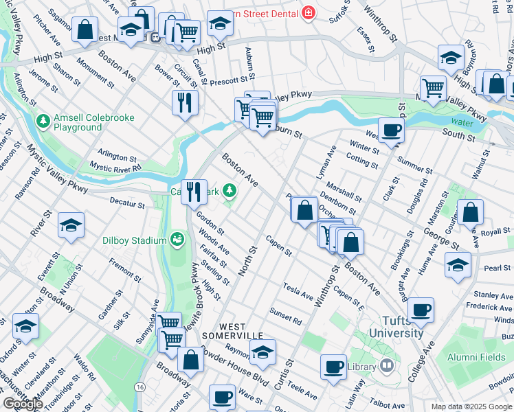 map of restaurants, bars, coffee shops, grocery stores, and more near 24 Pinkham Road in Medford