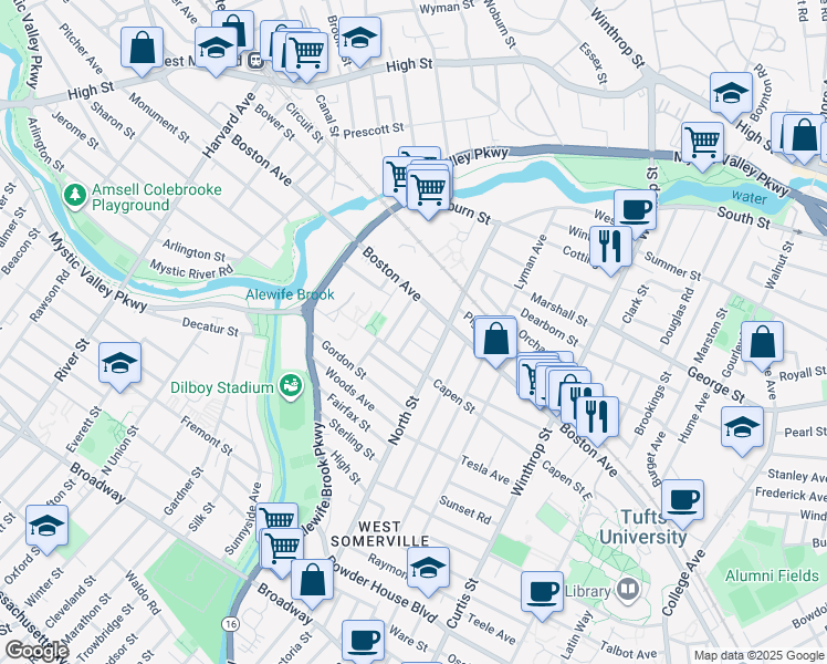 map of restaurants, bars, coffee shops, grocery stores, and more near 24 Pinkham Road in Medford