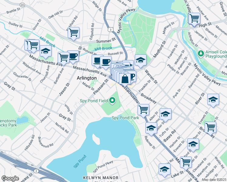 map of restaurants, bars, coffee shops, grocery stores, and more near 62 Lombard Terrace in Arlington