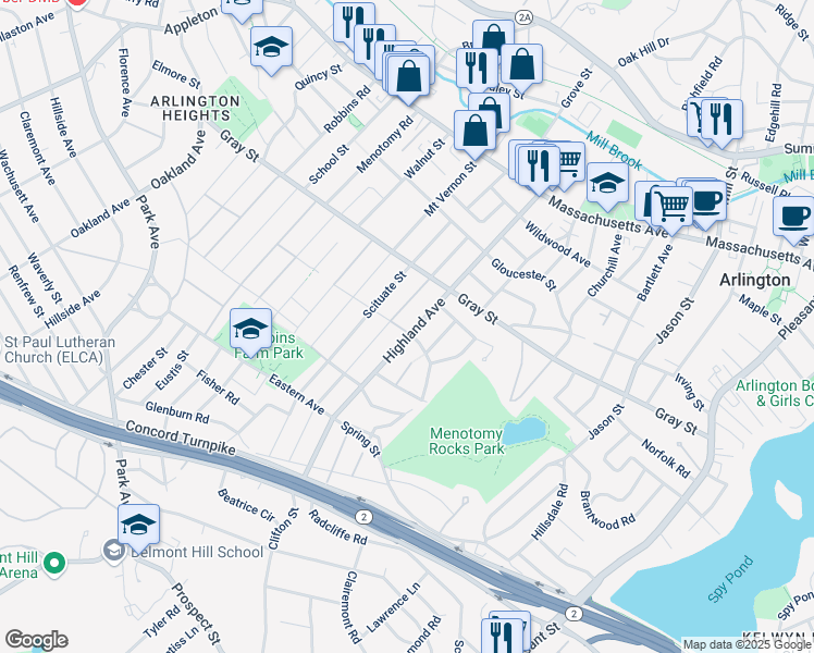 map of restaurants, bars, coffee shops, grocery stores, and more near 88-90 Newport Street in Arlington