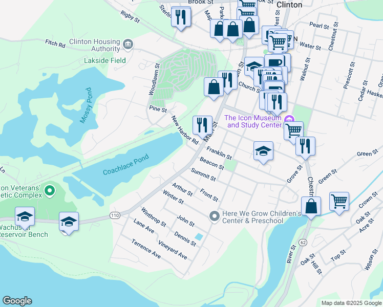 map of restaurants, bars, coffee shops, grocery stores, and more near 302 Main Street in Clinton