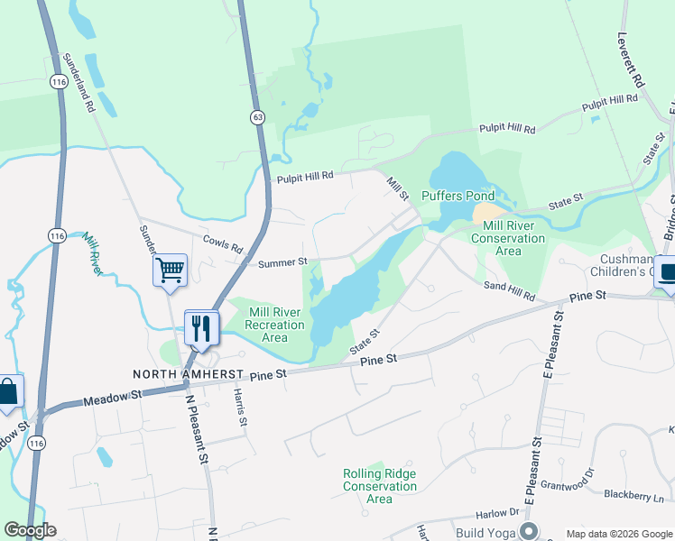 map of restaurants, bars, coffee shops, grocery stores, and more near 91 Summer Street in Amherst