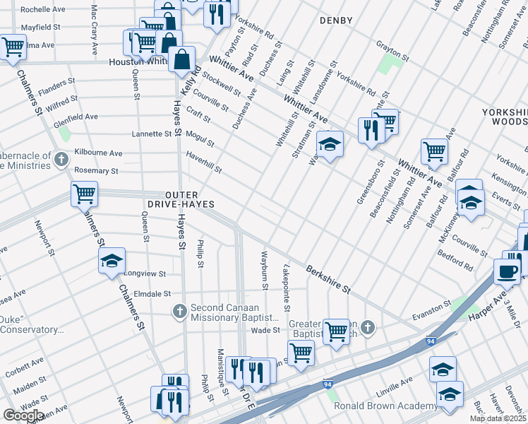 map of restaurants, bars, coffee shops, grocery stores, and more near 10525 Haverhill Street in Detroit