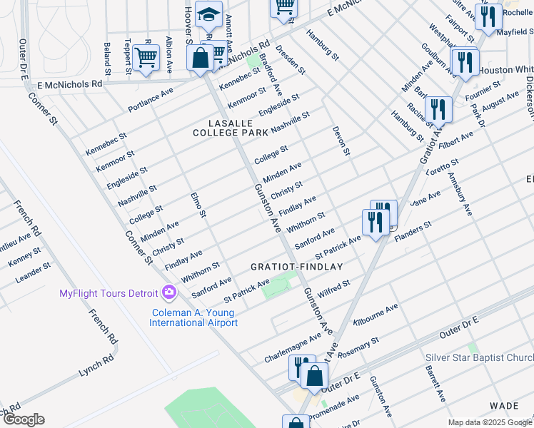map of restaurants, bars, coffee shops, grocery stores, and more near 11911 Gunston Street in Detroit
