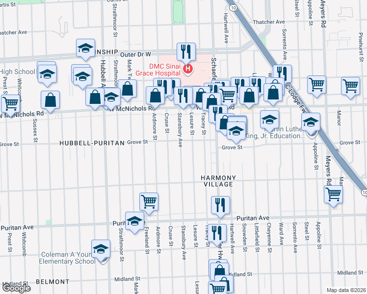 map of restaurants, bars, coffee shops, grocery stores, and more near 16660 Stansbury Avenue in Detroit