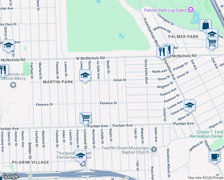 map of restaurants, bars, coffee shops, grocery stores, and more near 16592 Baylis Street in Detroit