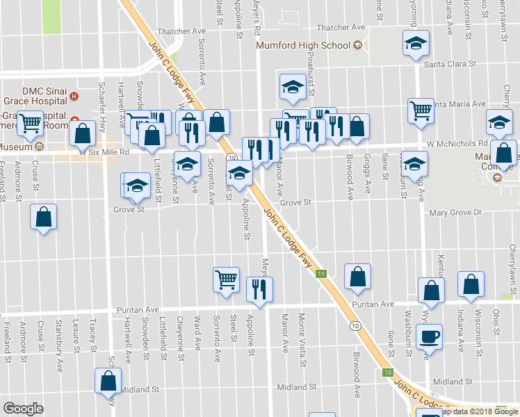 map of restaurants, bars, coffee shops, grocery stores, and more near 16777 James Couzens Freeway in Detroit