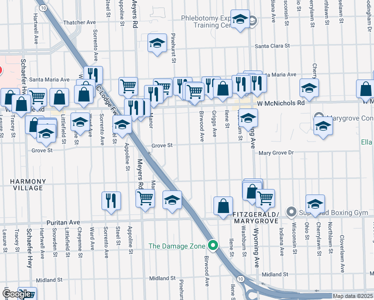 map of restaurants, bars, coffee shops, grocery stores, and more near 16637 Mendota St in Detroit