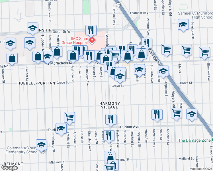 map of restaurants, bars, coffee shops, grocery stores, and more near 16623 Schaefer Highway in Detroit