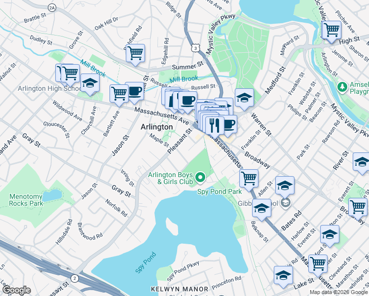 map of restaurants, bars, coffee shops, grocery stores, and more near 60 Pleasant Street in Arlington