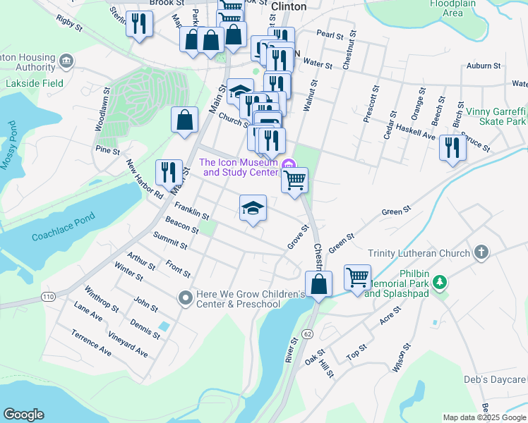 map of restaurants, bars, coffee shops, grocery stores, and more near 139 Pleasant Street in Clinton