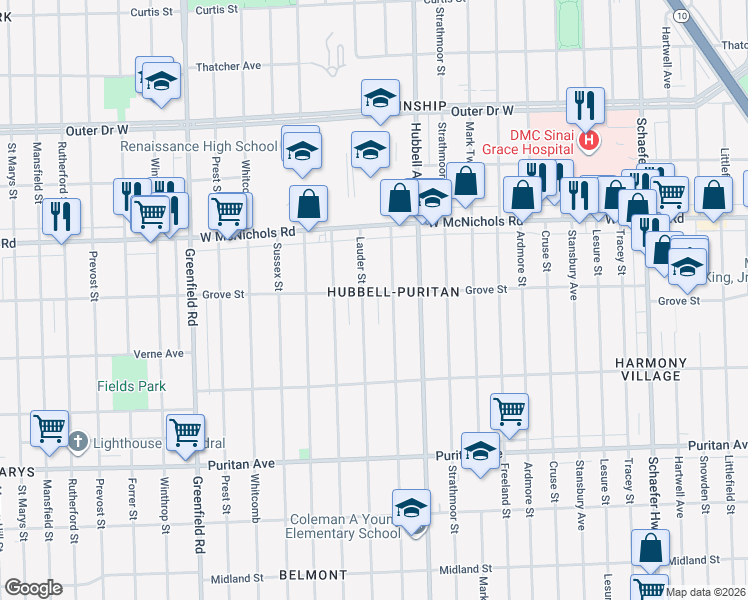 map of restaurants, bars, coffee shops, grocery stores, and more near 16686 Lauder Street in Detroit