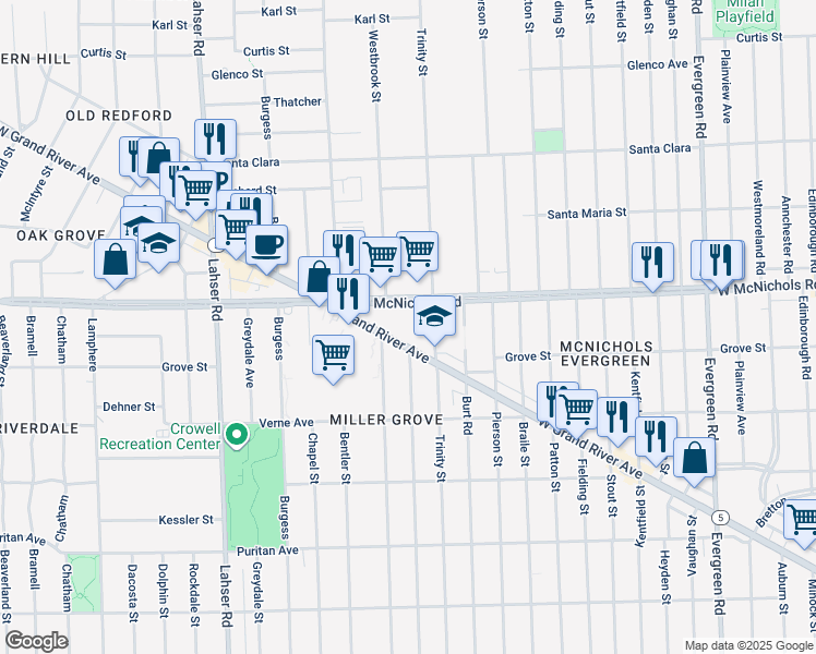 map of restaurants, bars, coffee shops, grocery stores, and more near 21208 Grand River Avenue in Detroit