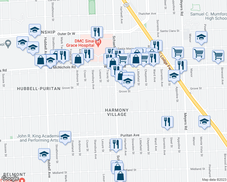 map of restaurants, bars, coffee shops, grocery stores, and more near 16623 Schaefer Highway in Detroit