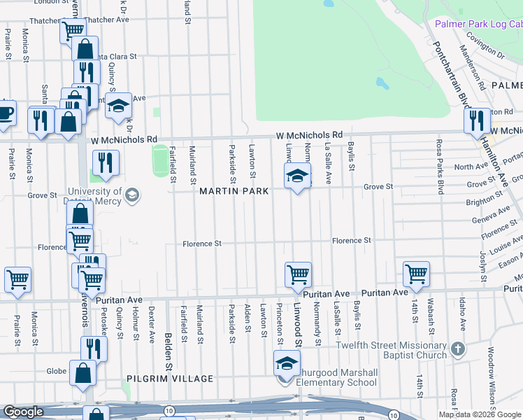 map of restaurants, bars, coffee shops, grocery stores, and more near 16600 Lawton Street in Detroit