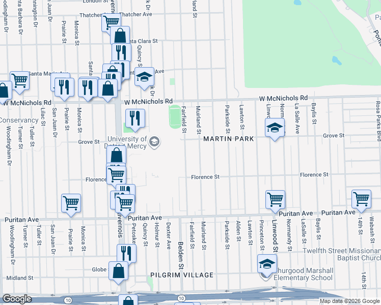 map of restaurants, bars, coffee shops, grocery stores, and more near 16604 Fairfield Street in Detroit