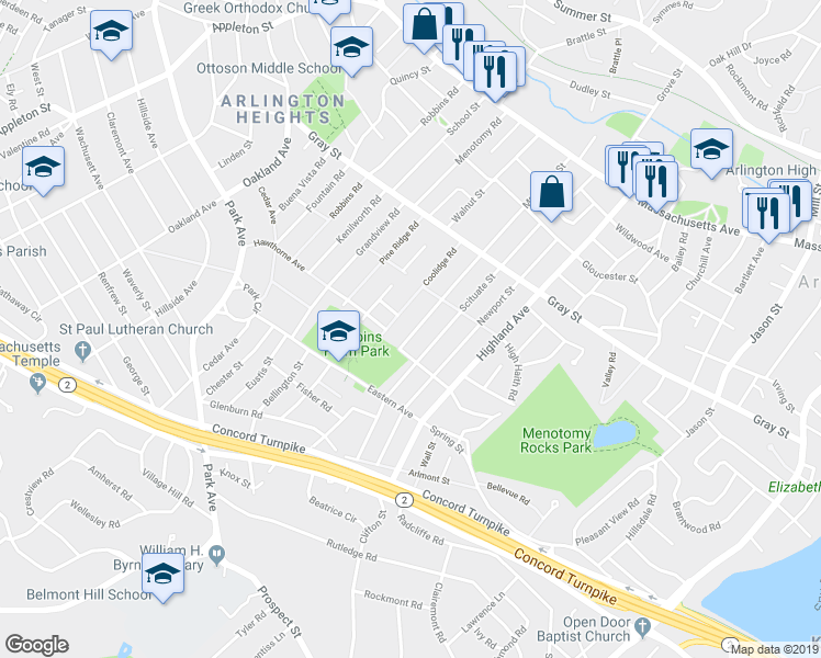 map of restaurants, bars, coffee shops, grocery stores, and more near 161 Mount Vernon Street in Arlington