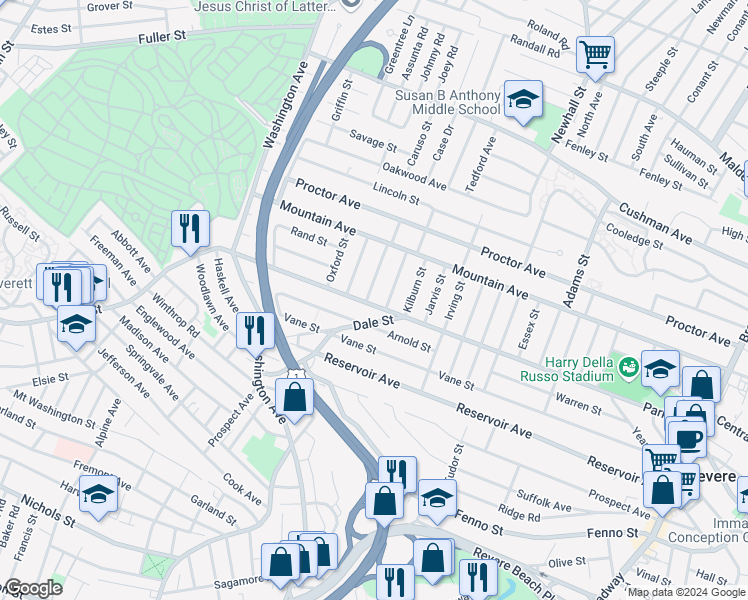 map of restaurants, bars, coffee shops, grocery stores, and more near 535 Park Avenue in Revere