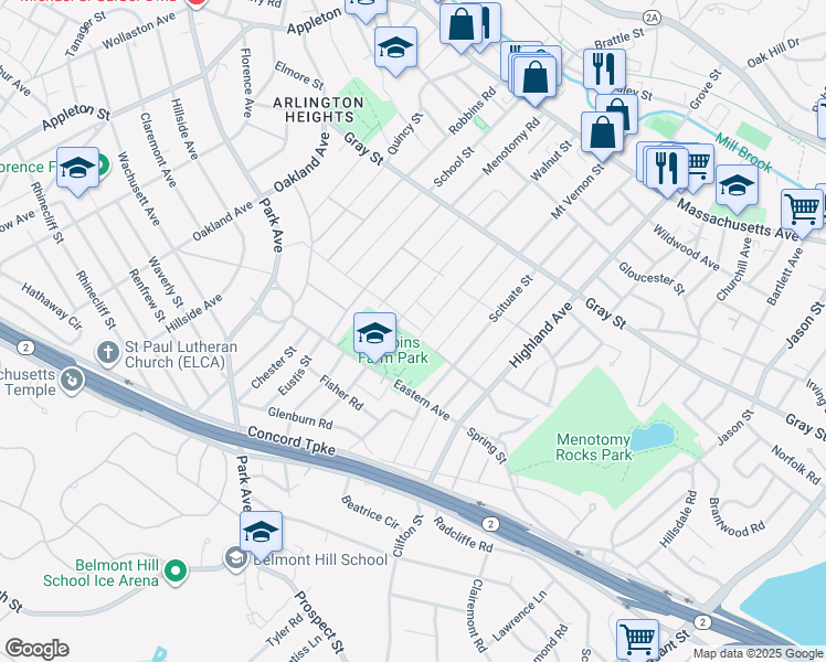 map of restaurants, bars, coffee shops, grocery stores, and more near 63 Hawthorne Avenue in Arlington
