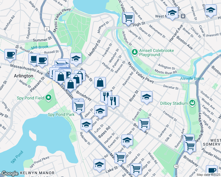 map of restaurants, bars, coffee shops, grocery stores, and more near 23 Park Street in Arlington