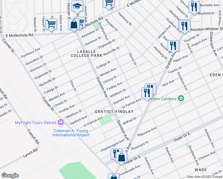 map of restaurants, bars, coffee shops, grocery stores, and more near 11752 Findlay Avenue in Detroit