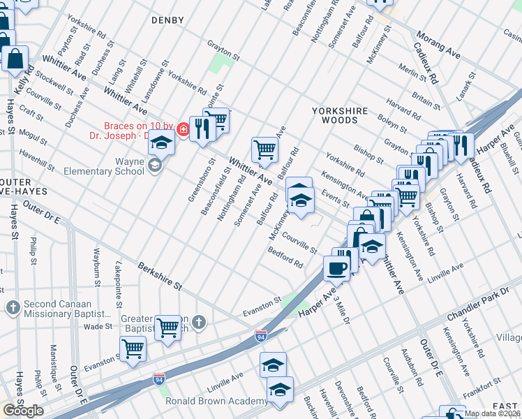 map of restaurants, bars, coffee shops, grocery stores, and more near 10118 Somerset Avenue in Detroit