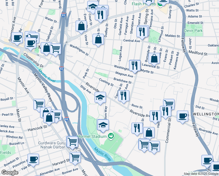 map of restaurants, bars, coffee shops, grocery stores, and more near 24 Lapham Street in Medford