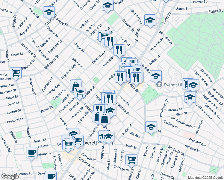 map of restaurants, bars, coffee shops, grocery stores, and more near 23 Raymond Street in Everett