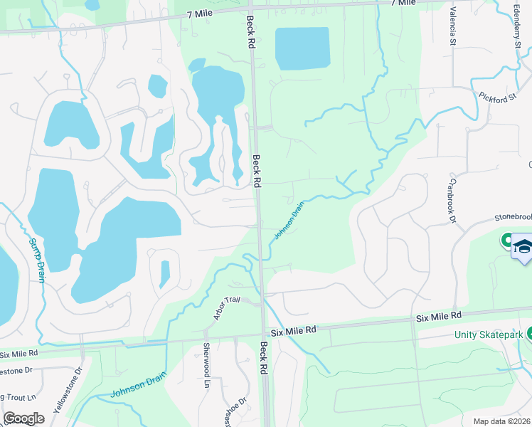 map of restaurants, bars, coffee shops, grocery stores, and more near 17888 Beck Road in Northville