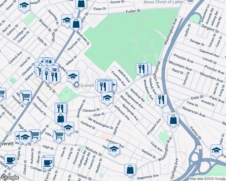 map of restaurants, bars, coffee shops, grocery stores, and more near 14 Jackson Avenue in Everett