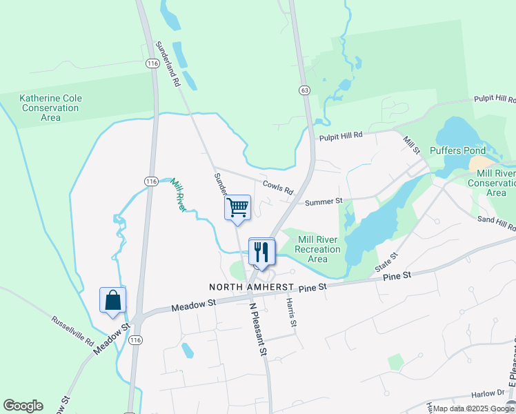 map of restaurants, bars, coffee shops, grocery stores, and more near 75 Cowls Road in Amherst