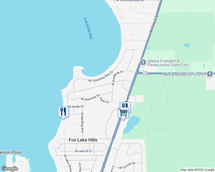 map of restaurants, bars, coffee shops, grocery stores, and more near 25377 West Lehmann Boulevard in Lake Villa