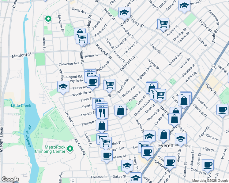 map of restaurants, bars, coffee shops, grocery stores, and more near 80 Kinsman Street in Everett