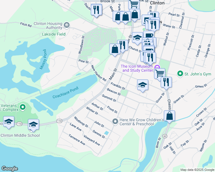 map of restaurants, bars, coffee shops, grocery stores, and more near 363 Main Street in Clinton