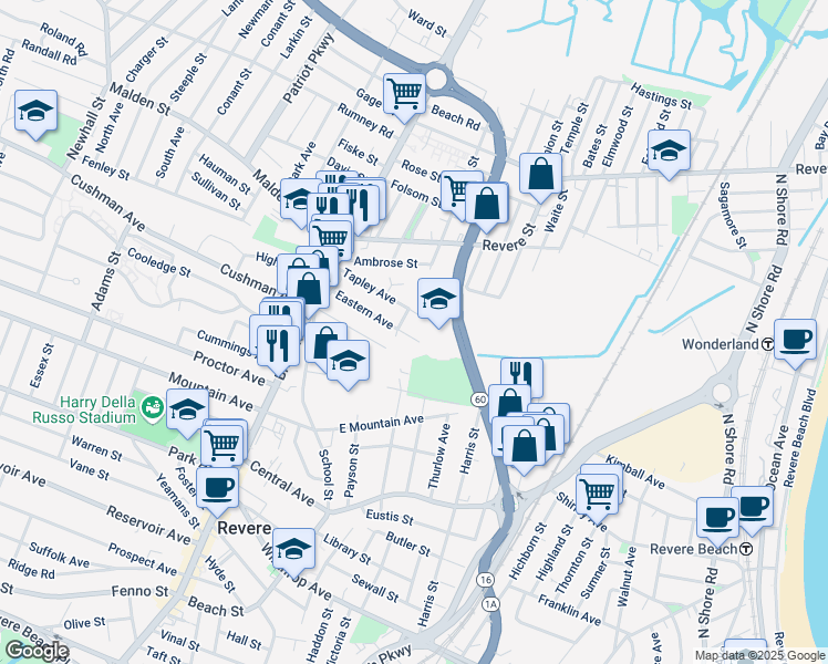 map of restaurants, bars, coffee shops, grocery stores, and more near 96 Eastern Avenue in Revere