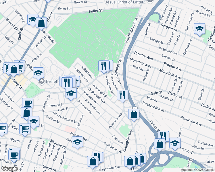 map of restaurants, bars, coffee shops, grocery stores, and more near 39 Woodlawn Avenue in Everett