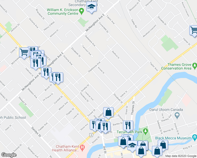map of restaurants, bars, coffee shops, grocery stores, and more near 138 Elizabeth Street in Chatham