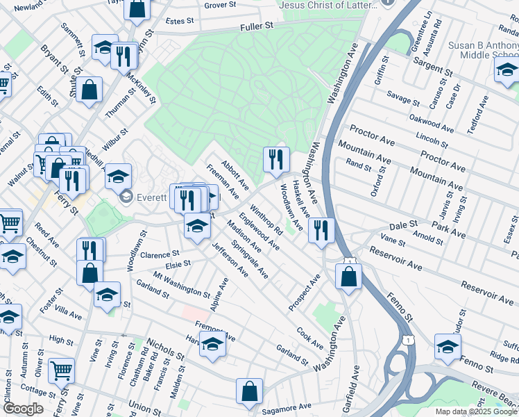 map of restaurants, bars, coffee shops, grocery stores, and more near 22 Winthrop Road in Chelsea