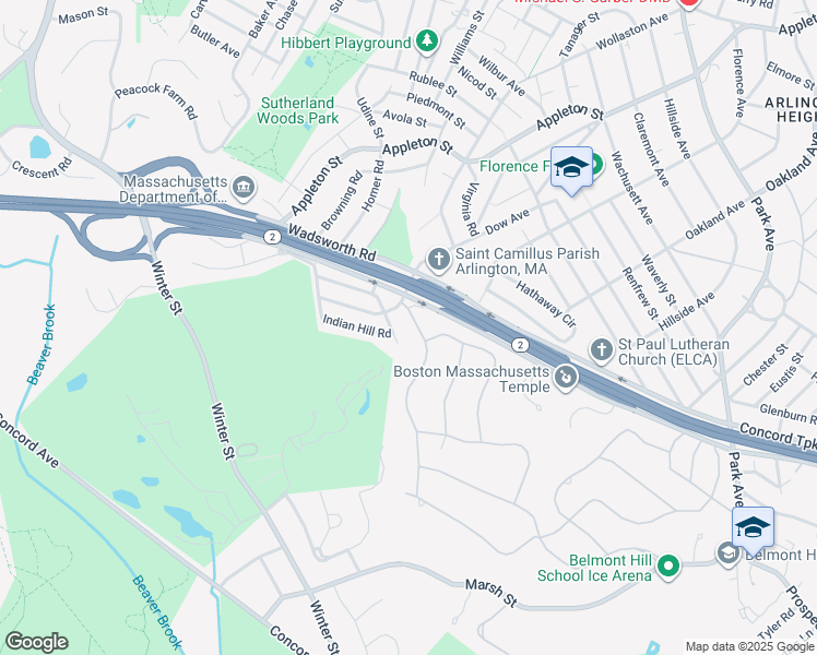 map of restaurants, bars, coffee shops, grocery stores, and more near 128 Stony Brook Road in Belmont
