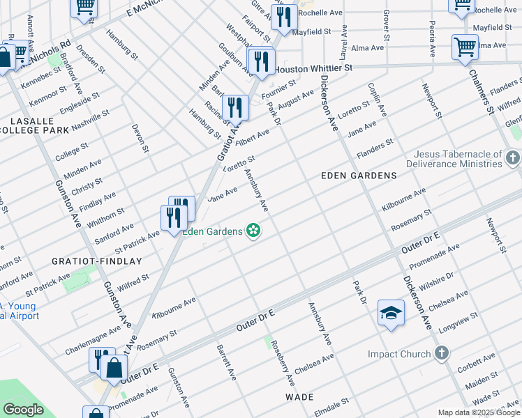 map of restaurants, bars, coffee shops, grocery stores, and more near 12340 Flanders Street in Detroit
