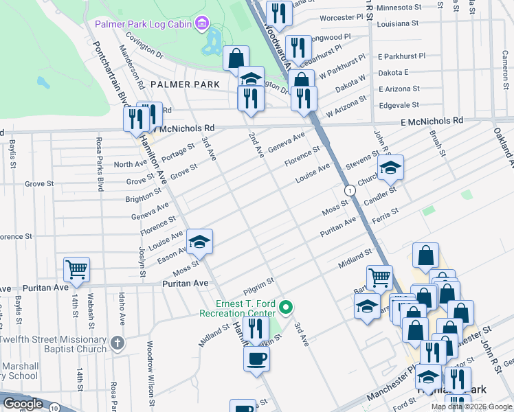 map of restaurants, bars, coffee shops, grocery stores, and more near 147 Louise Avenue in Highland Park