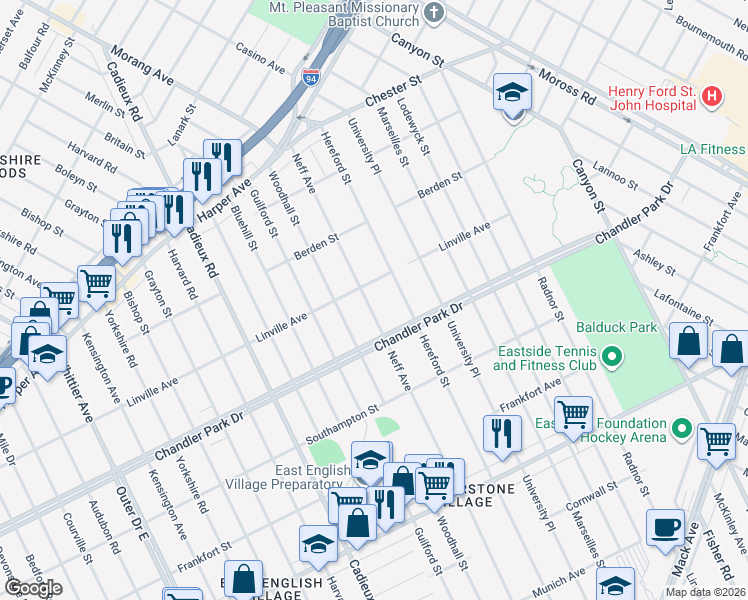 map of restaurants, bars, coffee shops, grocery stores, and more near 5786 Neff Avenue in Detroit