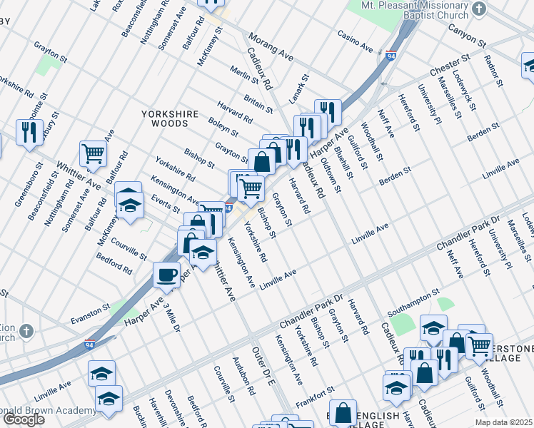 map of restaurants, bars, coffee shops, grocery stores, and more near 6166 Bishop Street in Detroit