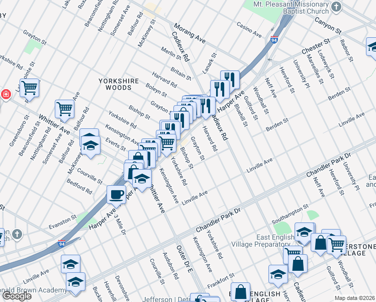 map of restaurants, bars, coffee shops, grocery stores, and more near 6171 Bishop Street in Detroit