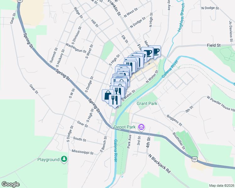 map of restaurants, bars, coffee shops, grocery stores, and more near 319 South Main Street in Galena
