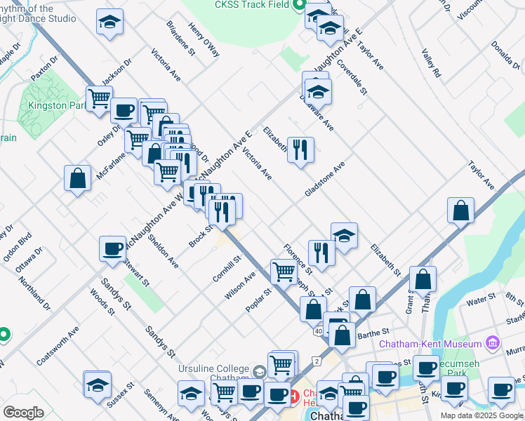 map of restaurants, bars, coffee shops, grocery stores, and more near 140 Llydican Avenue in Chatham-Kent