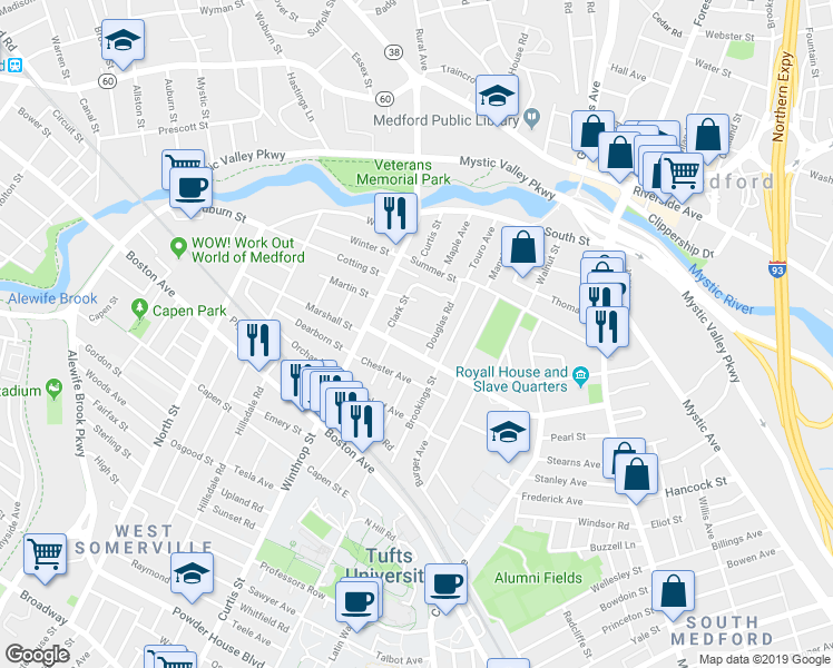 map of restaurants, bars, coffee shops, grocery stores, and more near 16 Corey Street in Medford
