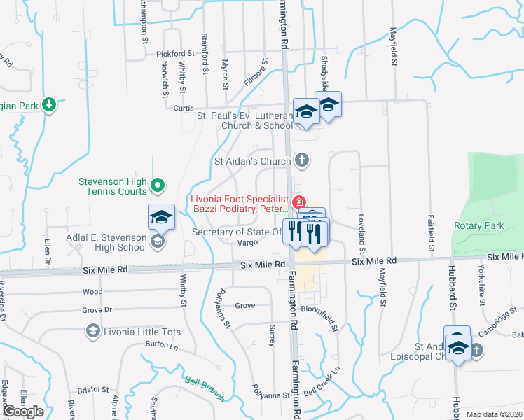 map of restaurants, bars, coffee shops, grocery stores, and more near 17356 McNamara Drive in Livonia