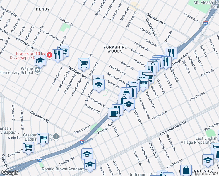 map of restaurants, bars, coffee shops, grocery stores, and more near 9520 Whittier Avenue in Detroit