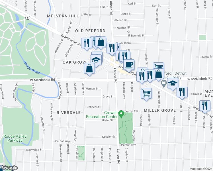 map of restaurants, bars, coffee shops, grocery stores, and more near 16881 Rockdale Street in Detroit